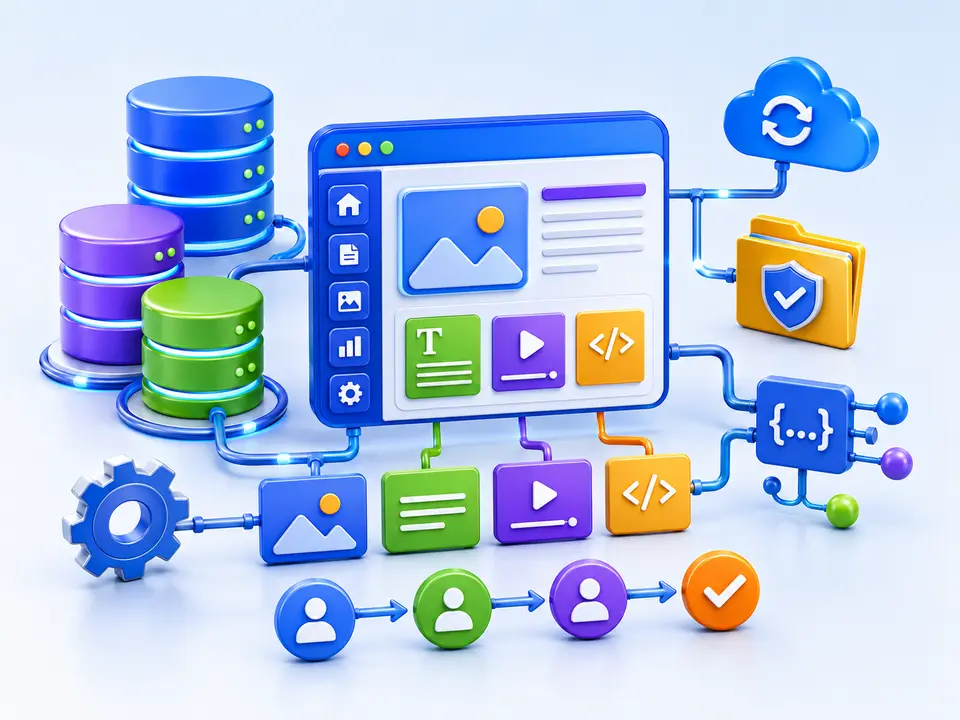 Colorful database, content management and ICT services illustration